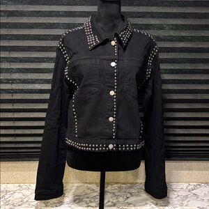 KIWI Black Studded Collared Button Front Accented Trim Denim Jacket Large NWT‎